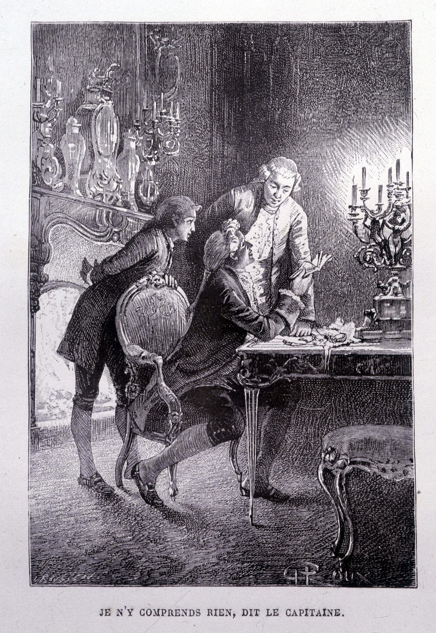 Jonge Jim Hawkins, ridder Trelawnay en dokter Livesey verzoenen zich in een woonkamer - in Schateiland door Stevenson door George Roux, ed. Hetzel door George Roux