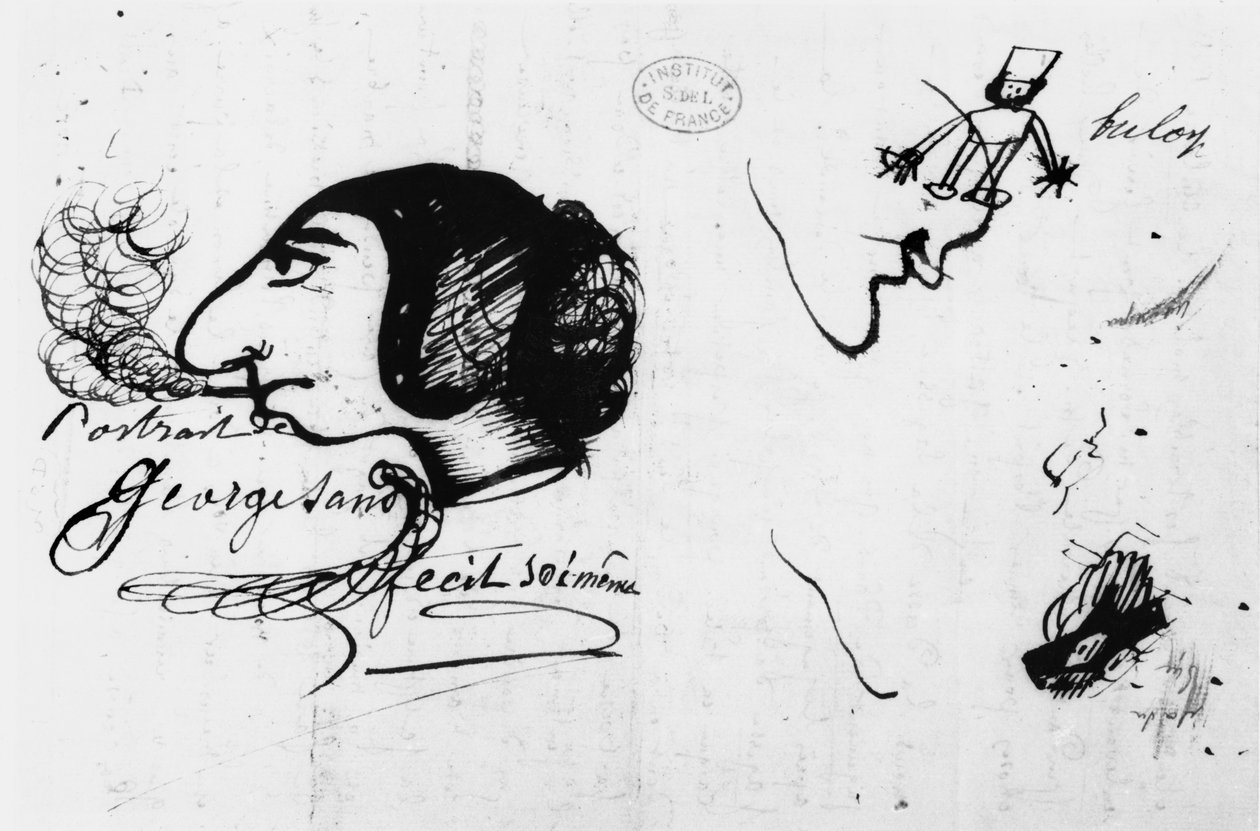 George Sand rookt (1804-76) gekarikaturiseerd door zichzelf door George Sand