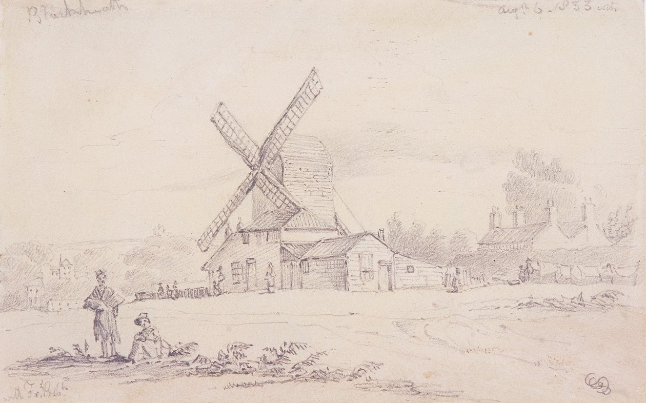 Uitzicht op molen met een windmolen op Blackheath, Greenwich, Londen, 1833 door George Shepheard