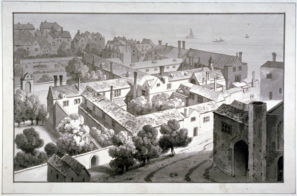 Vogelvlucht van het paleis van de bisschop van Winchester, Southwark, Londen, ca. 1820 door George Shepherd
