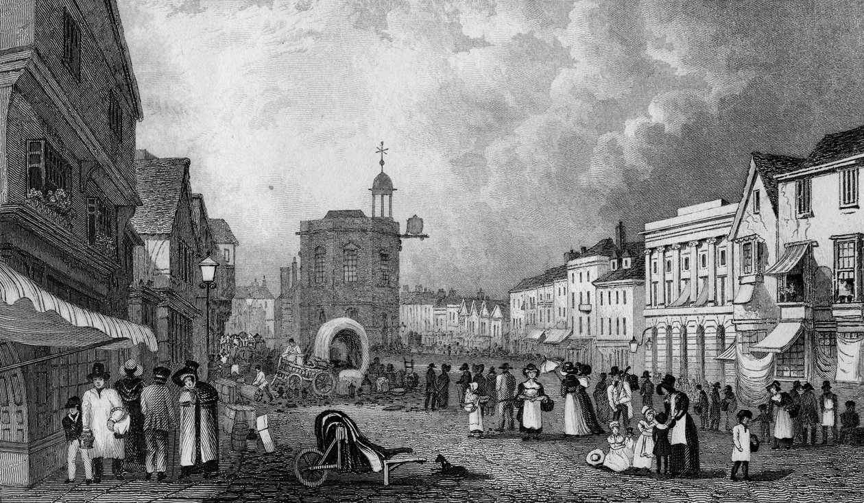 High Street, Maidstone, Een Marktdag, gegraveerd door S. Lacey, gepubliceerd 1832 door George Shepherd