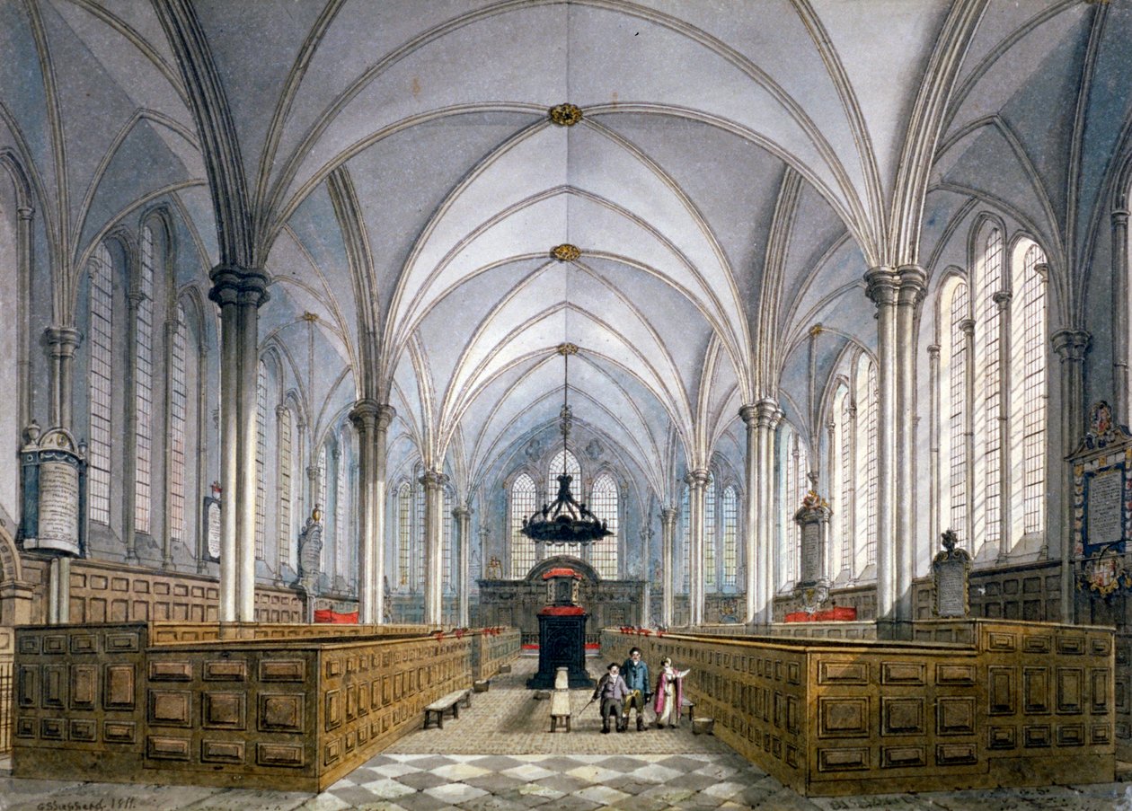 Interieur van Temple Church, Londen, 1811 door George Shepherd