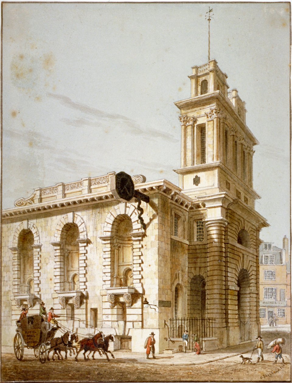 Noordwestelijke aanzicht van de Kerk van St Mary Woolnoth, City of London, 1812 door George Shepherd