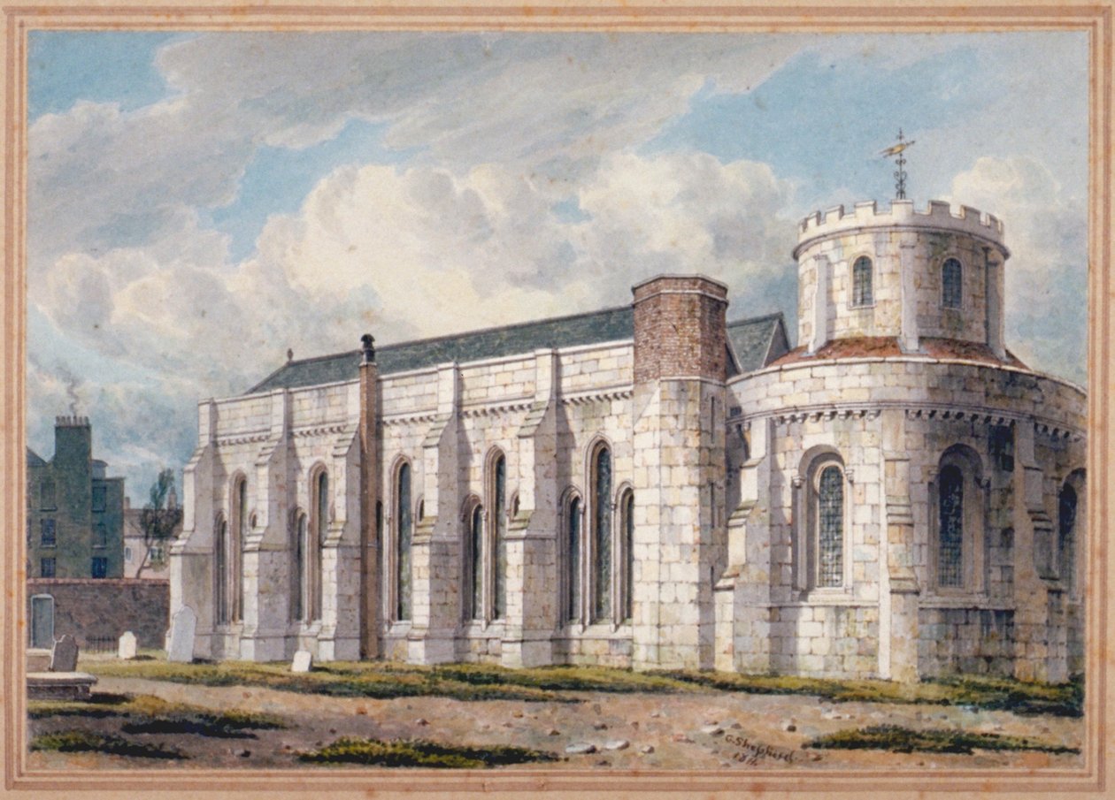 Uitzicht op Temple Church vanaf het kerkhof, City of London, 1811 door George Shepherd