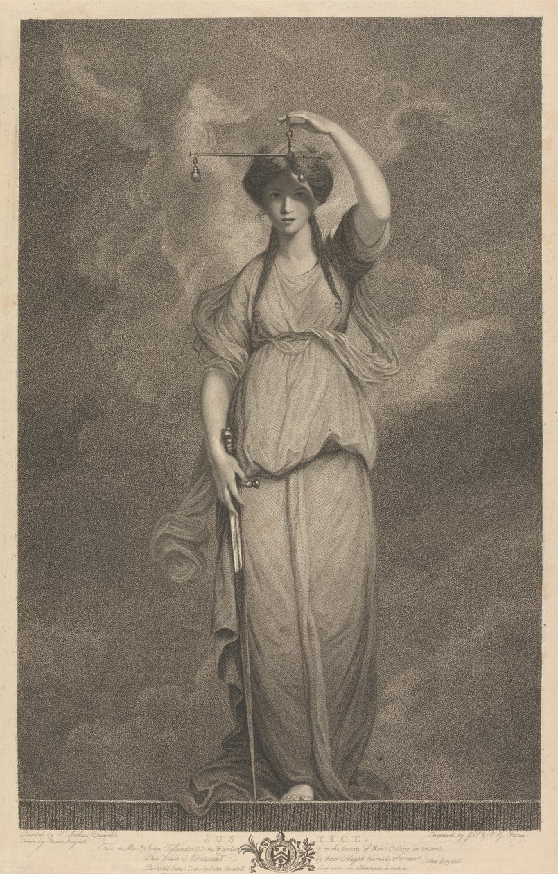 Westraam van de kapel, New College Oxford: Deugden - Rechtvaardigheid door George Siegmund Facius