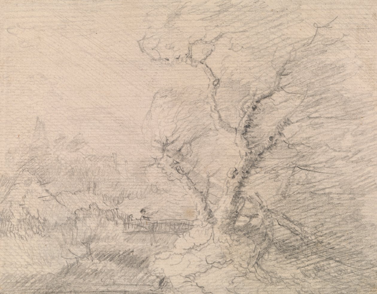 Landschap met voetbrug en grote boom door George Smith