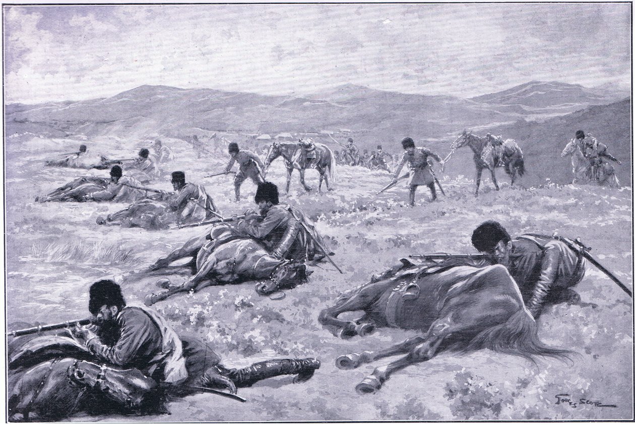 Een Kozak en zijn paard: een middel om dekking te zoeken tijdens een schermutseling, illustratie uit Cassells History of the Russo-Japanese War Vol 1, ca. 1900 door George Soper
