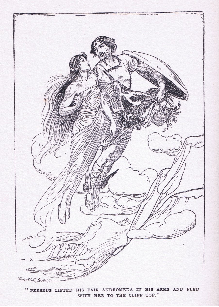 Perseus tilde zijn mooie Andromeda in zijn armen en vluchtte met haar naar de kliftoppen, uit The Heroes gepubliceerd door George Allen en Unwin 1929 door George Soper