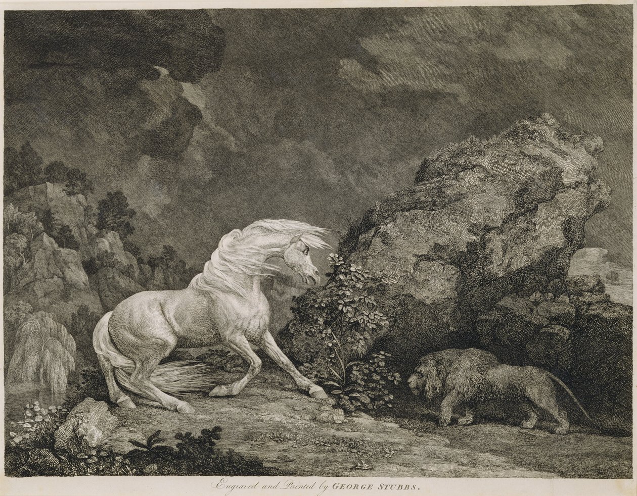 Een paard geschrokken door een leeuw, gegraveerd door de kunstenaar door George Stubbs