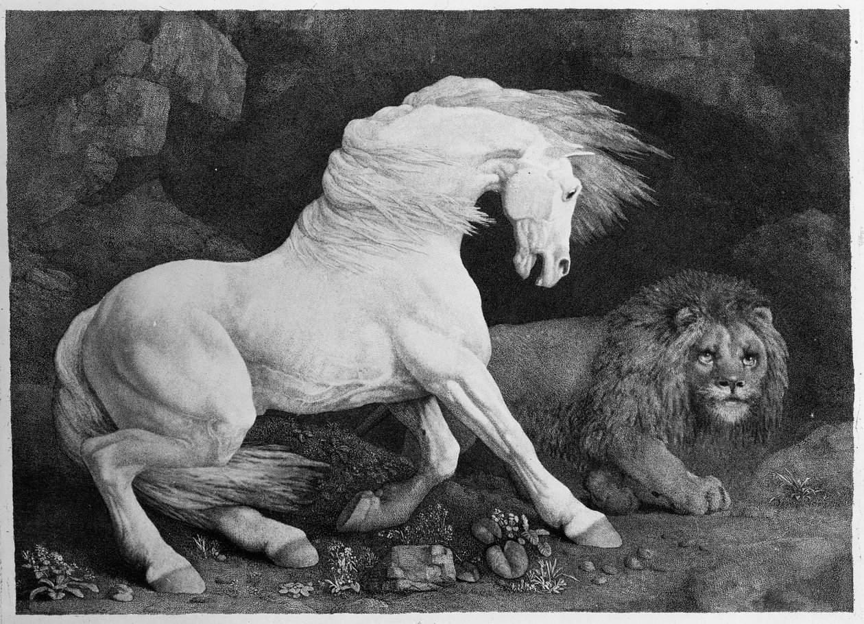 Een paard geschrokken door een leeuw, gegraveerd door de kunstenaar door George Stubbs