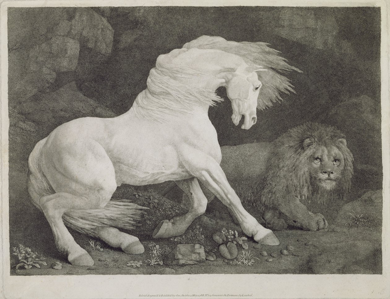 Een paard geschrokken door een leeuw, gegraveerd door de kunstenaar, gepubliceerd 1788 door George Stubbs