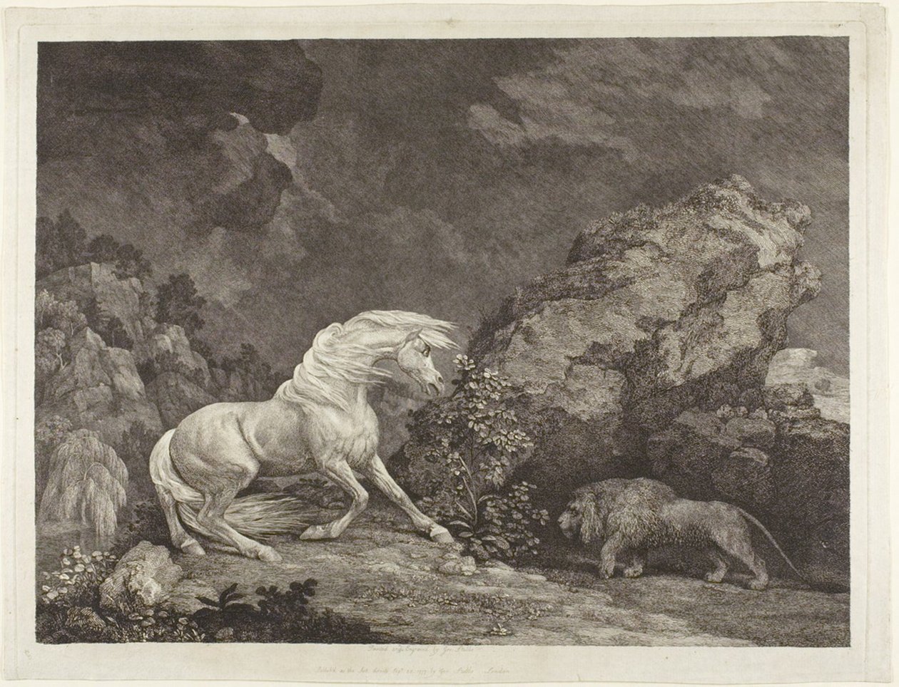 Een paard bang gemaakt door een leeuw door George Stubbs