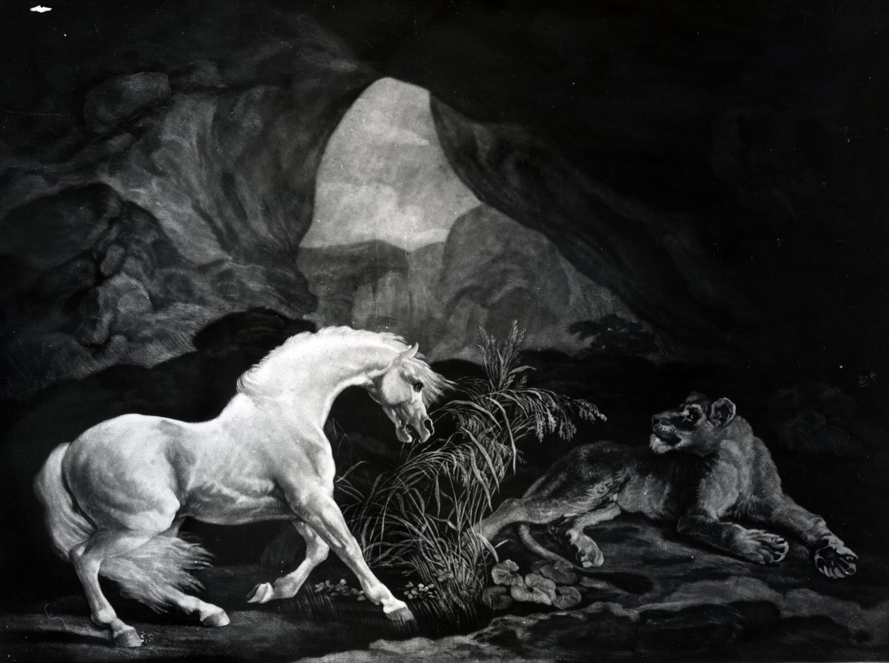 Een paard opgeschrikt door een leeuwin, gegraveerd door Benjamin Green, 1774 door George Stubbs