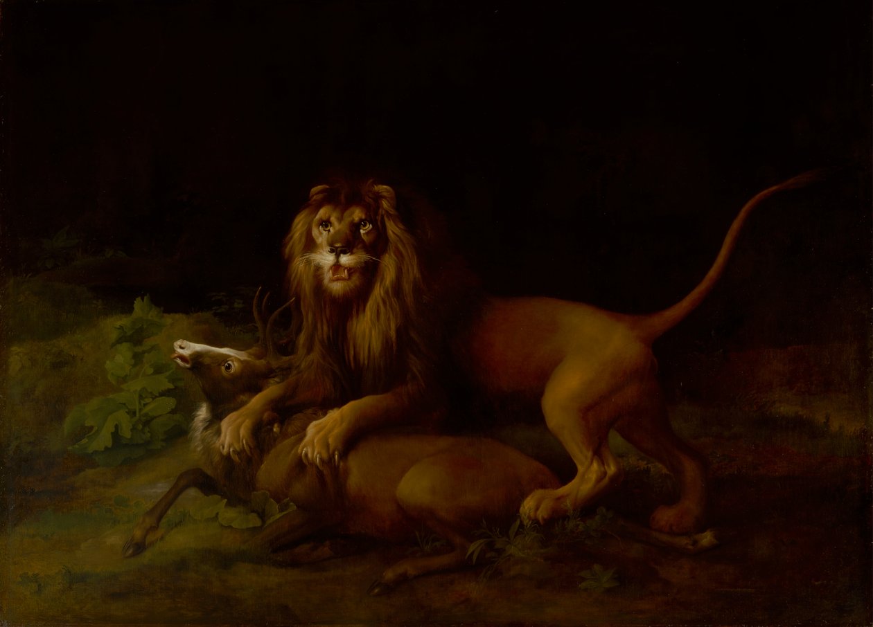 Een leeuw die een hert aanvalt door George Stubbs