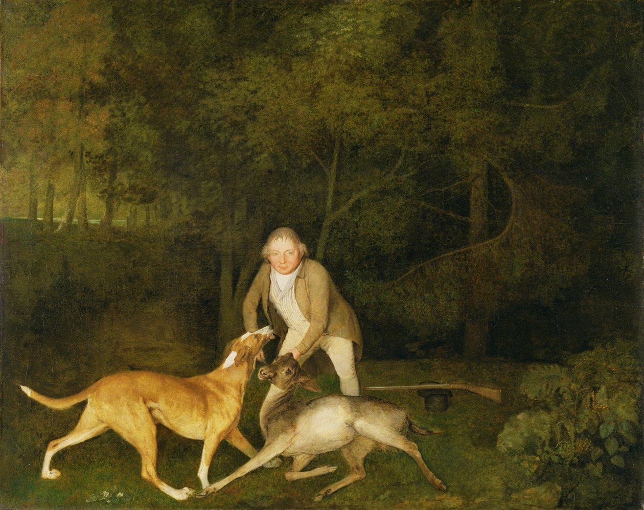 Freeman, de Jachtopziener van de Graaf van Clarendon, Met een Stervende Hert en Hond door George Stubbs