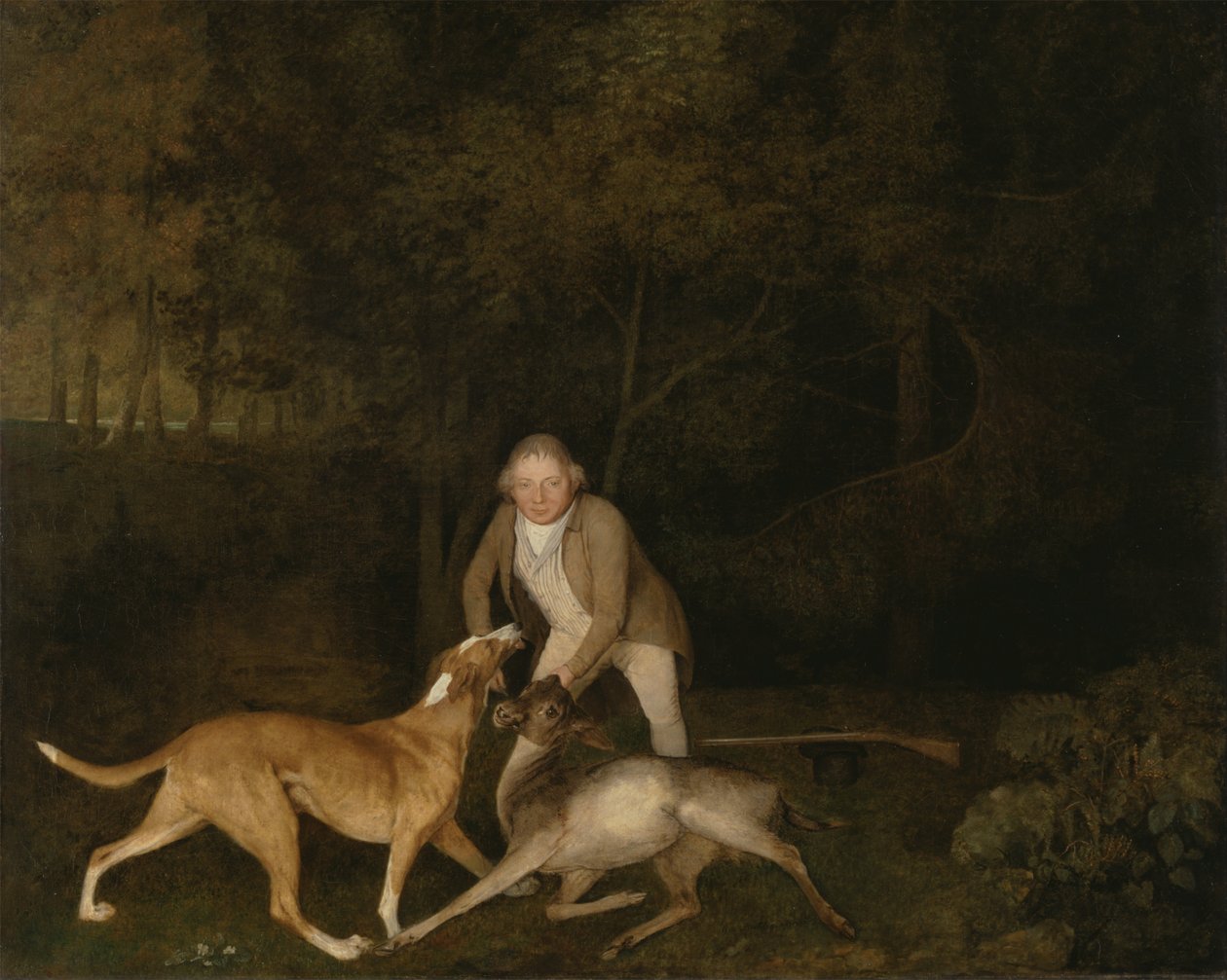 Freeman, de jachtopziener van de graaf van Clarendon, met een stervende hinde en jachthond door George Stubbs