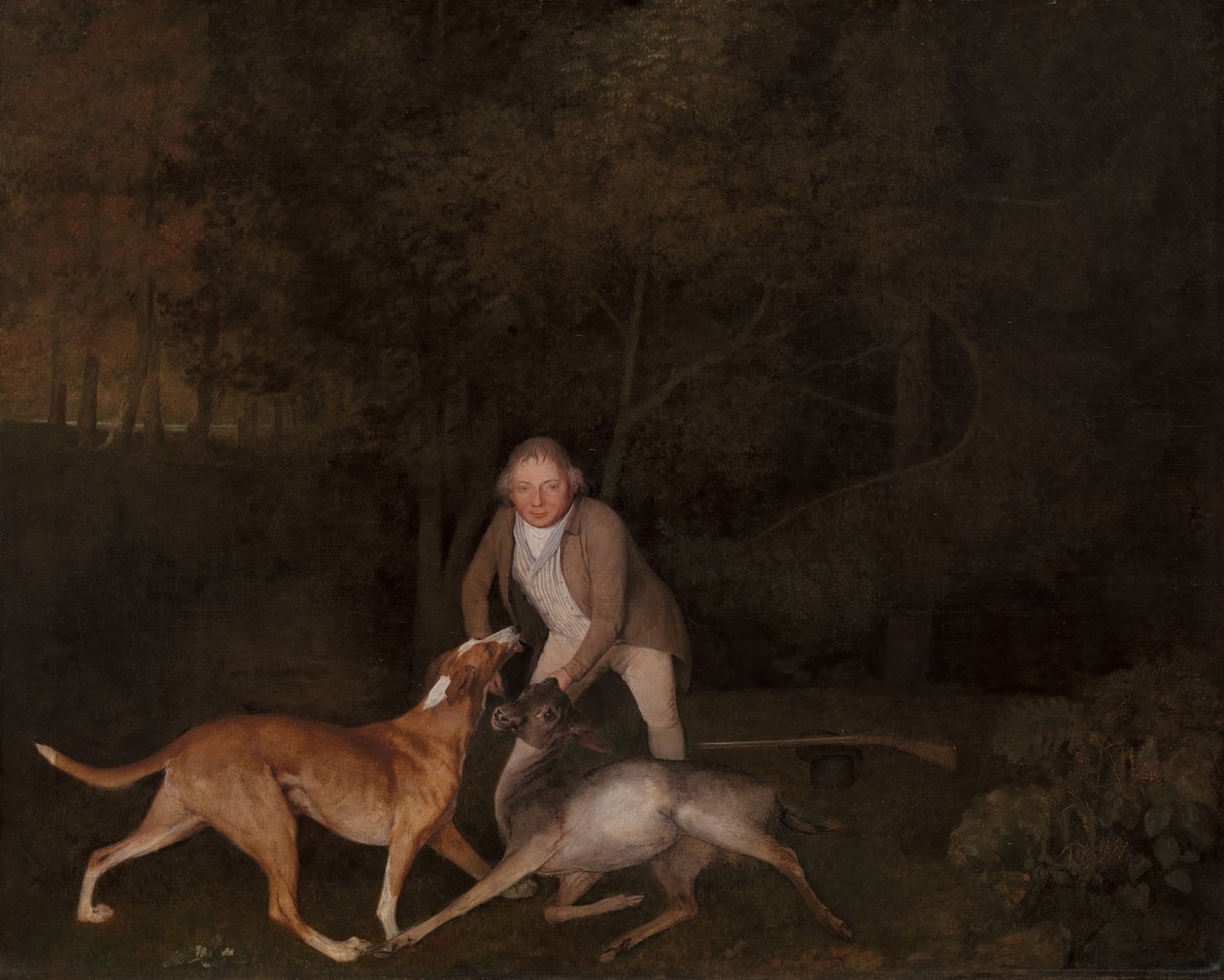 Freeman, de jachtopziener van de graaf van Clarendon, met een stervende hinde en hond, 1800 door George Stubbs