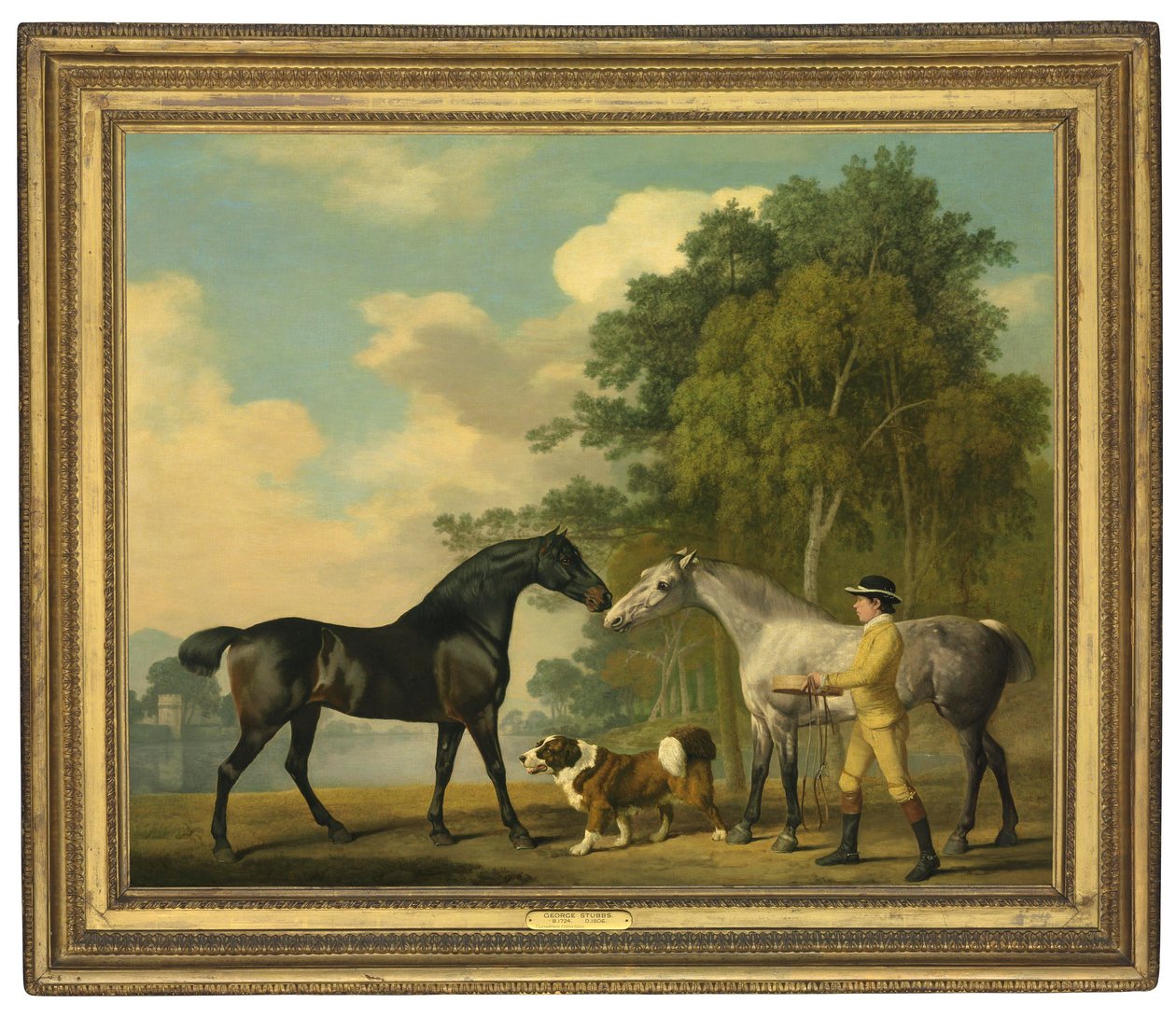 Twee jagers met een jonge stalknecht en een hond bij een meer, 1778 door George Stubbs