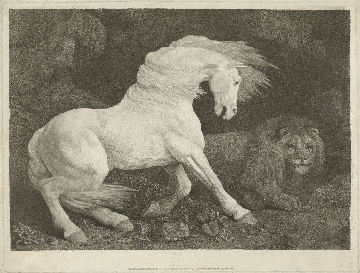 Het Paard en de Leeuw, 1770 (mezzotint) door George Townley Stubbs