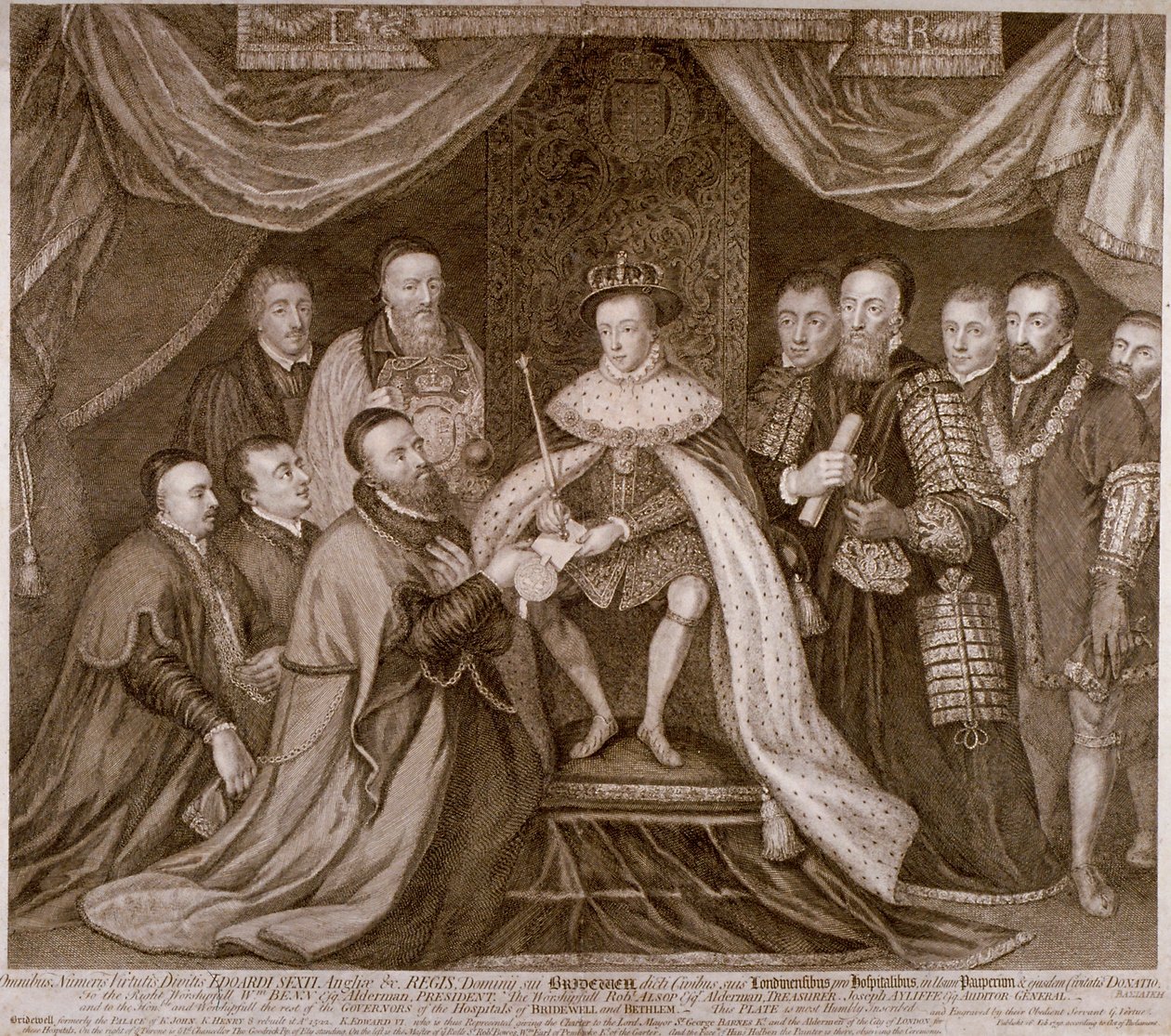 Edward VI ondertekent een charter dat Bridewell aan de stad Londen geeft voor een werkhuis, 1552 door George Vertue