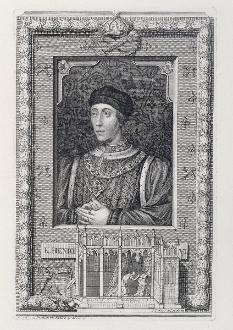 Hendrik VI (1421-71) Koning van Engeland 1421-66 en 1470-71, naar een portret in Kensington Palace, gegraveerd door de kunstenaar door George Vertue