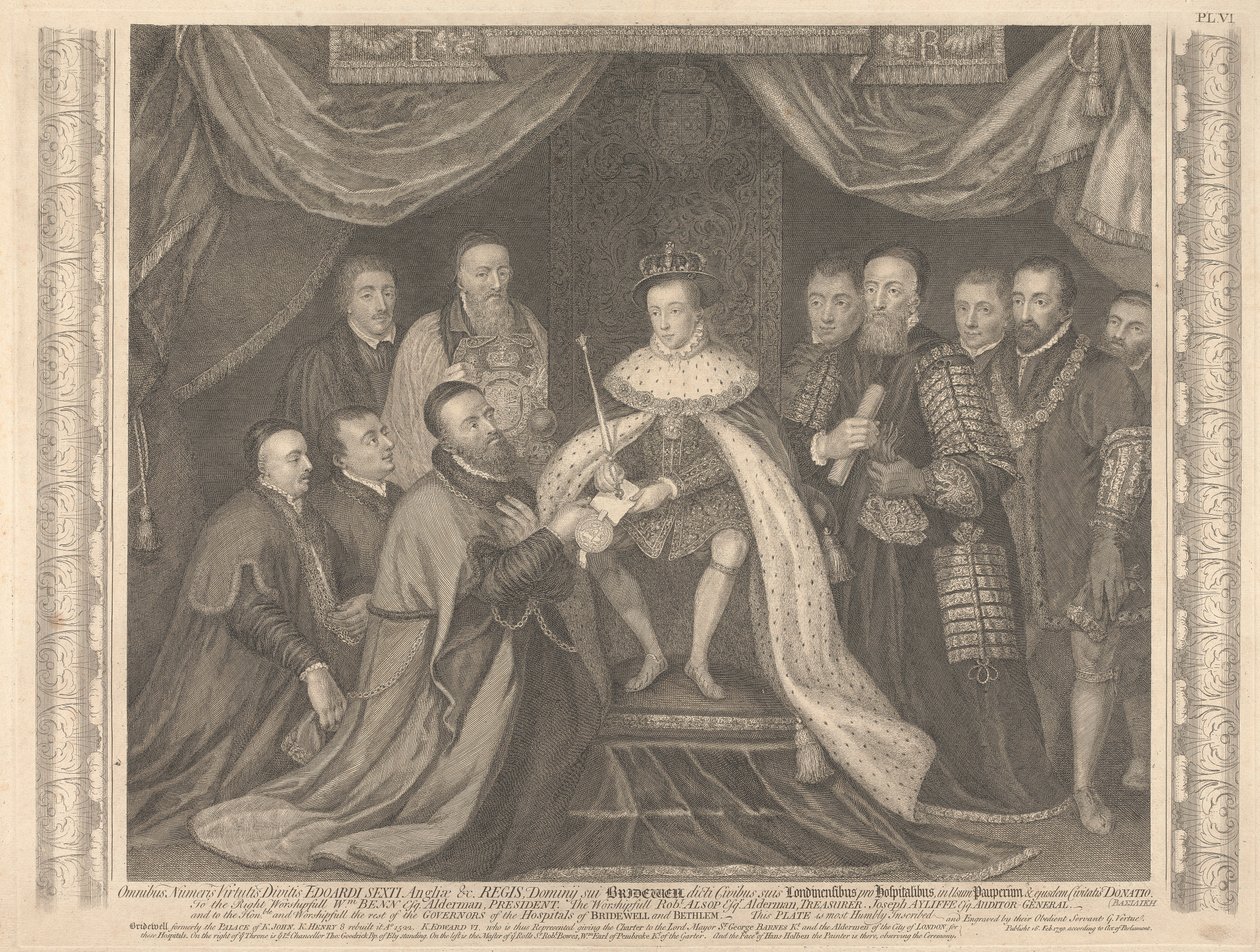 Koning Edward VI presenteert het charter voor Bridewell aan Sir George Barnes door George Vertue