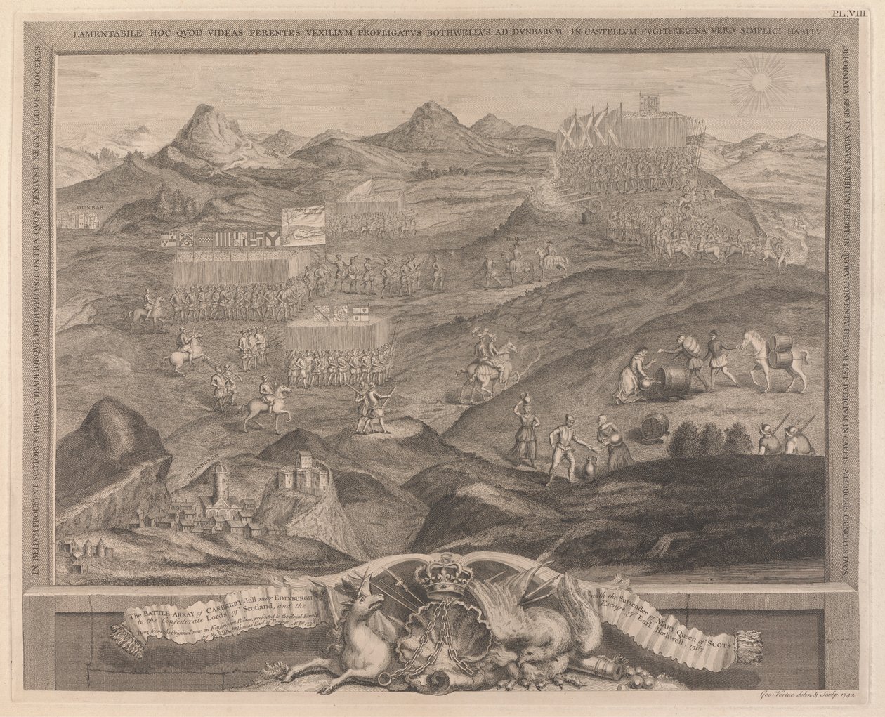 De Slagorde van Carberry-hill Bij Edinburgh met de Overgave van Mary Queen of Scots aan de Geconfedereerde Heren van Schotland, en de Ontsnapping van Graaf Bothwell, 1567 door George Vertue
