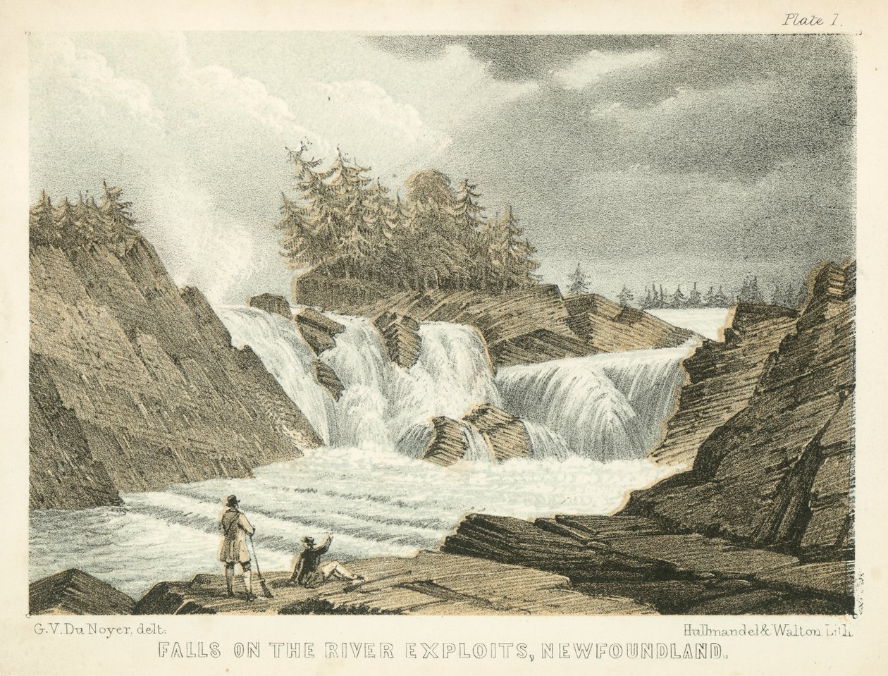 Falls on the River Exploits, Newfoundland (ingekleurde gravure) door George Victor Du Noyer