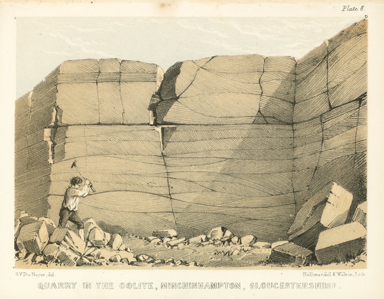 Steengroeve in het Ooliet, Minchinhampton, Gloucestershire (ingekleurde gravure) door George Victor Du Noyer