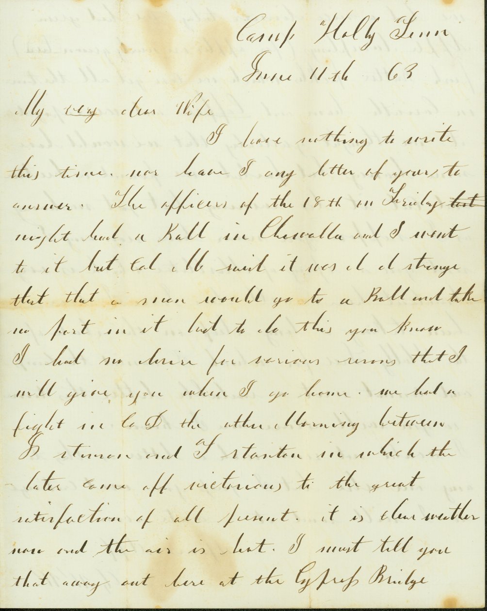 Brief van George Wyckoff, Kamp Holly, Tennessee, aan Josephine, 11 juni 1863 door George W. Wyckoff