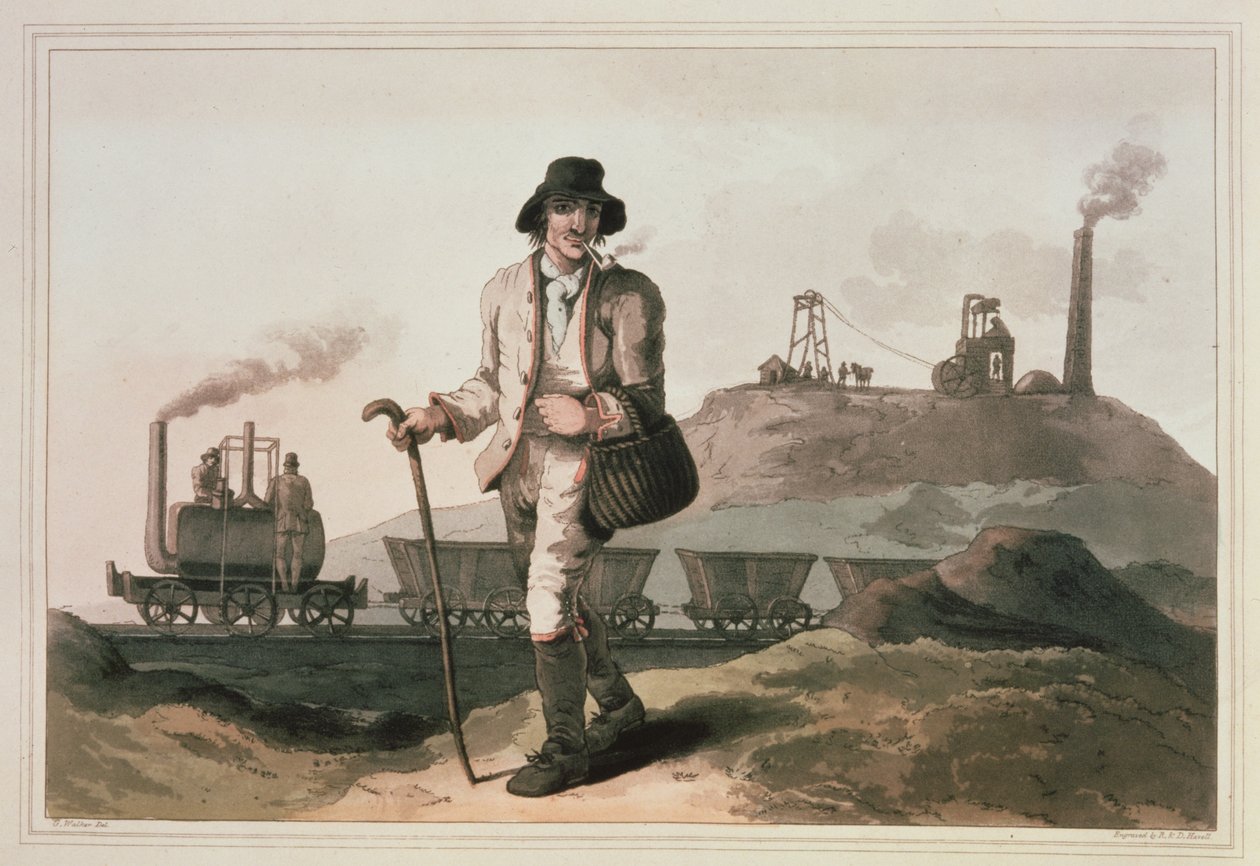 Blenkinsop-locomotief bij Middleton-mijn in de buurt van Leeds, gegraveerd door Robert en Daniel Havell, 1814 door George Walker