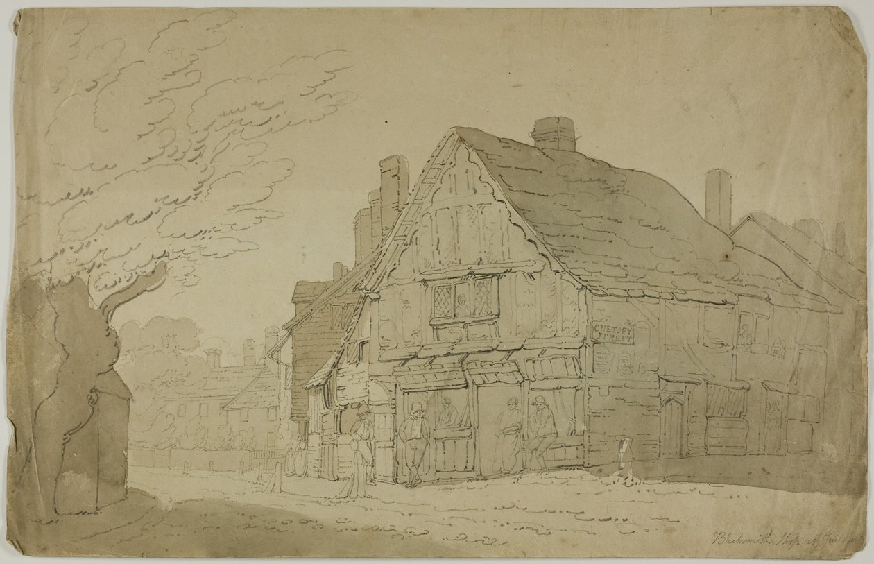 Smidse in Guildford (recto); Schets van twee boomstammen (verso) door George Wallwyn Shepheard