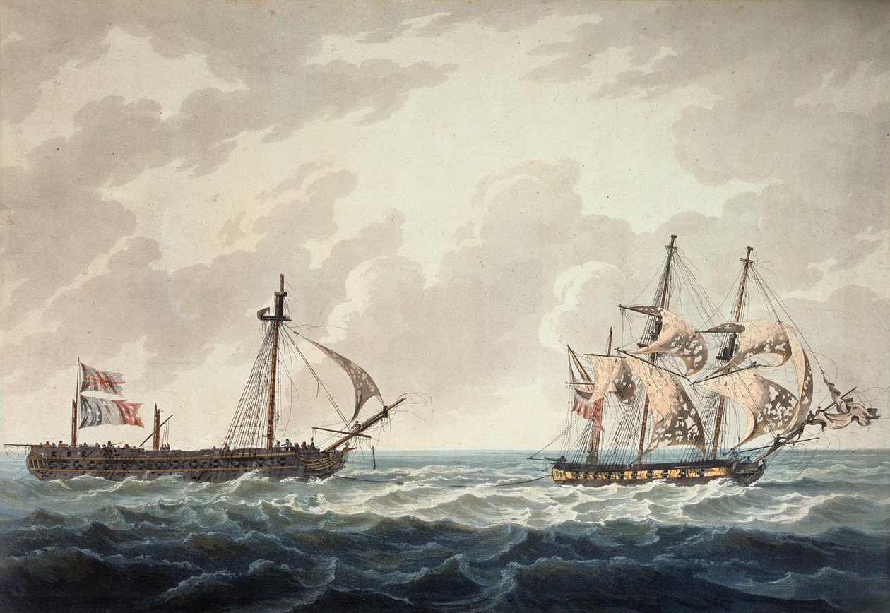 Zijne Majesteits Sloep, Bonne Citoyenne, sleept de Franse fregat, La Furieuse, na de actie van 6 juli 1809, gegraveerd door R und D Havell, uitgegeven door Robert Cribb in 1810 door George Webster