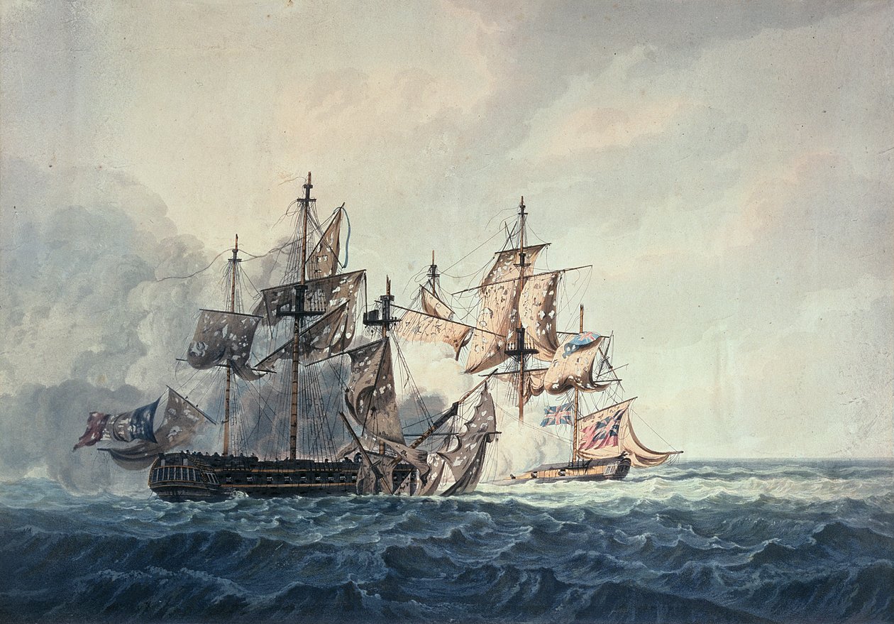 De actie tussen Zijne Majesteits Sloep, Bonne Citoyenne, en de Franse fregat, La Furieuse, op 6 juli 1809, van de Westelijke Eilanden, gegraveerd door R und D Havell, gepubliceerd door Robert Cribb in 1810 door George Webster