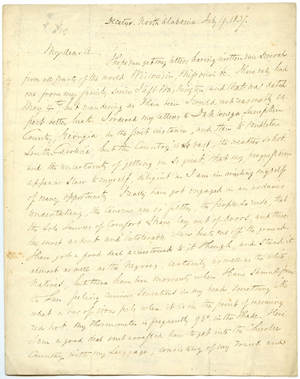 Onvolledige brief [van G.W. Featherstonhaugh], Decatur, NC, aan Col. Abert [John James Abert], 19 juli 1837 door George William Featherstonhaugh