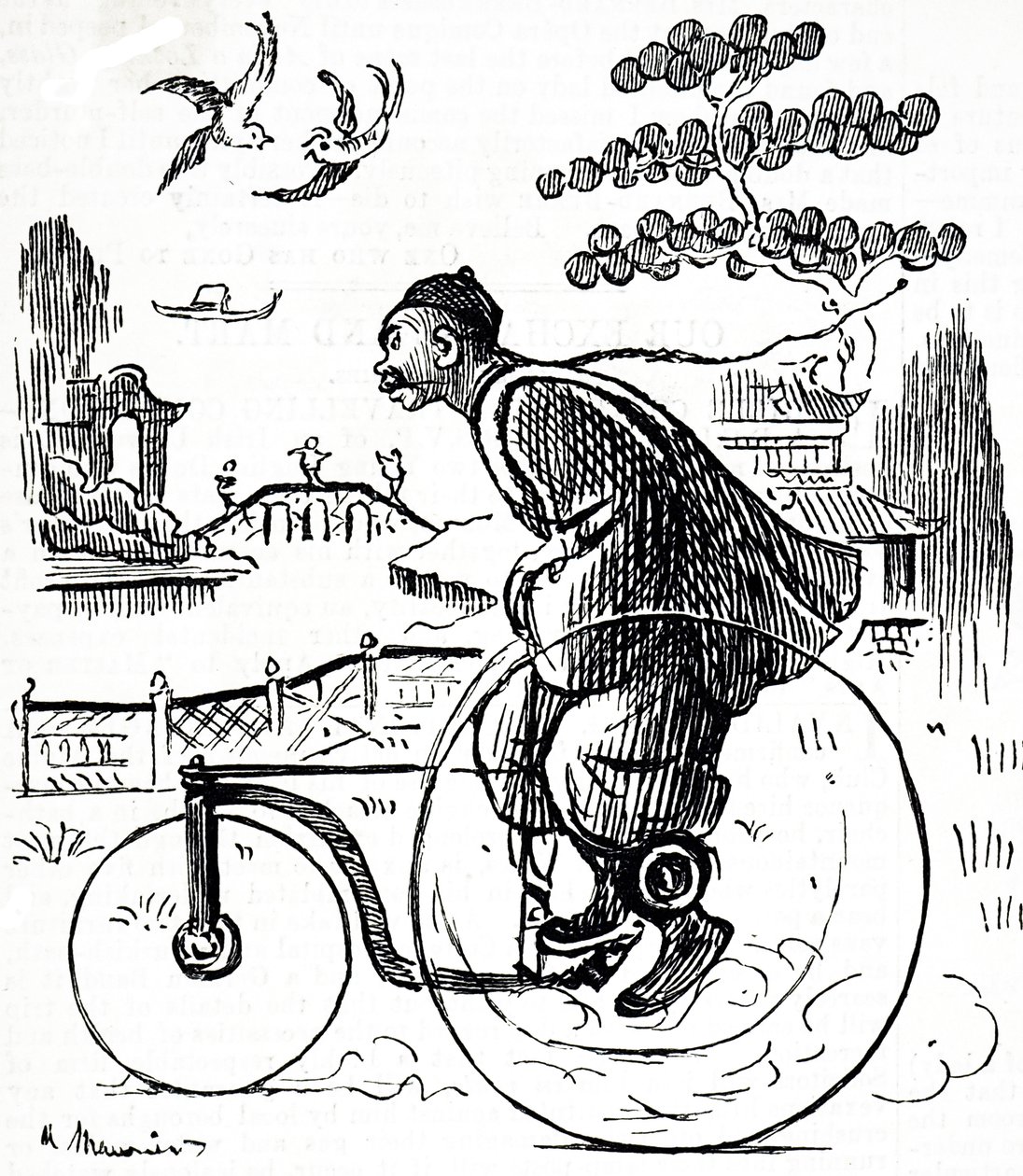 Een cartoon van een Chinese man die op een driewieler door een park in China rijdt door George du Maurier