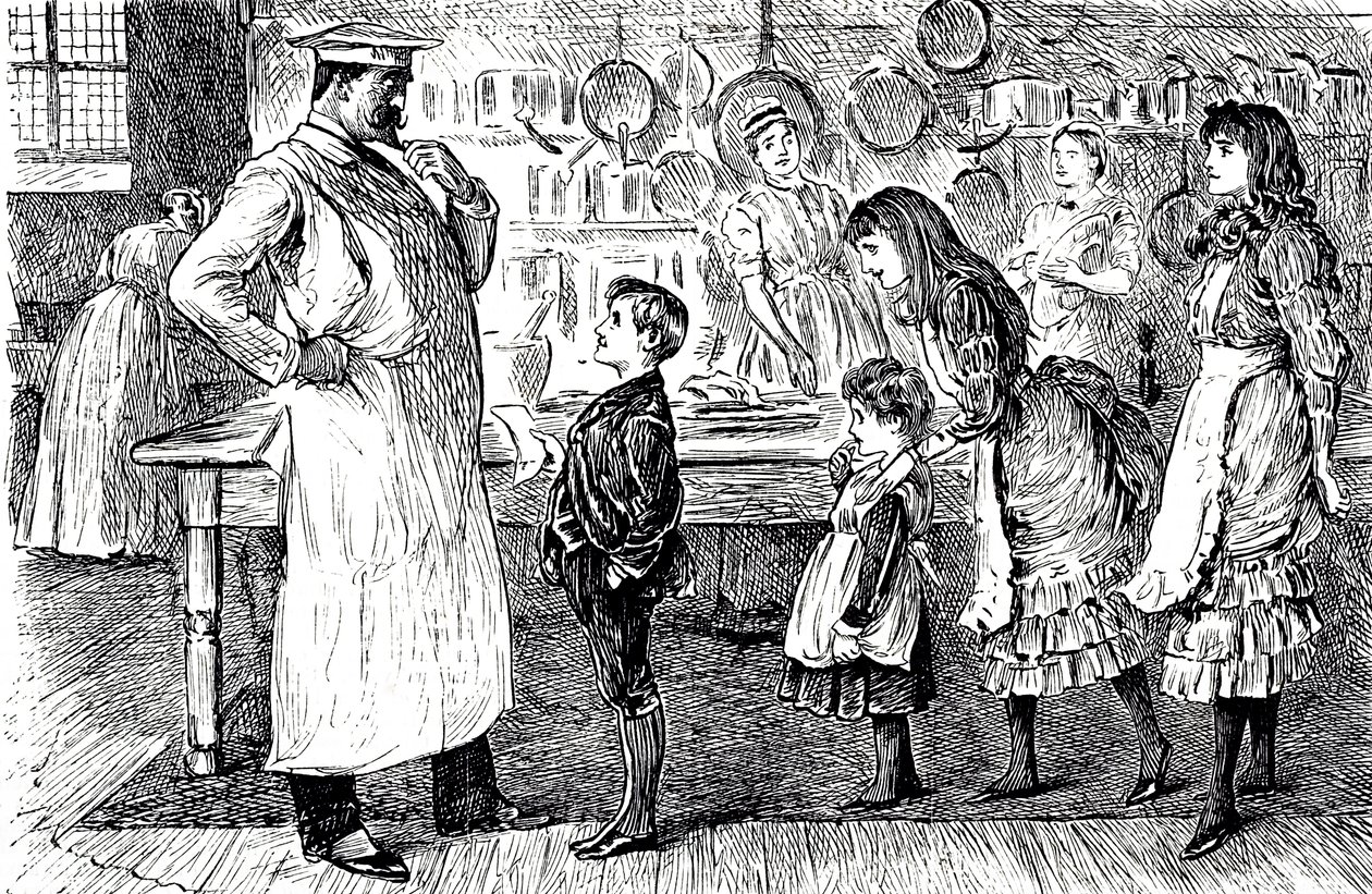 Een cartoon die een chef-kok afbeeldt die bestellingen opneemt van de kinderen van het huis. Geïllustreerd door George du Maurier (1834-1896) een Frans-Britse cartoonist en auteur door George du Maurier