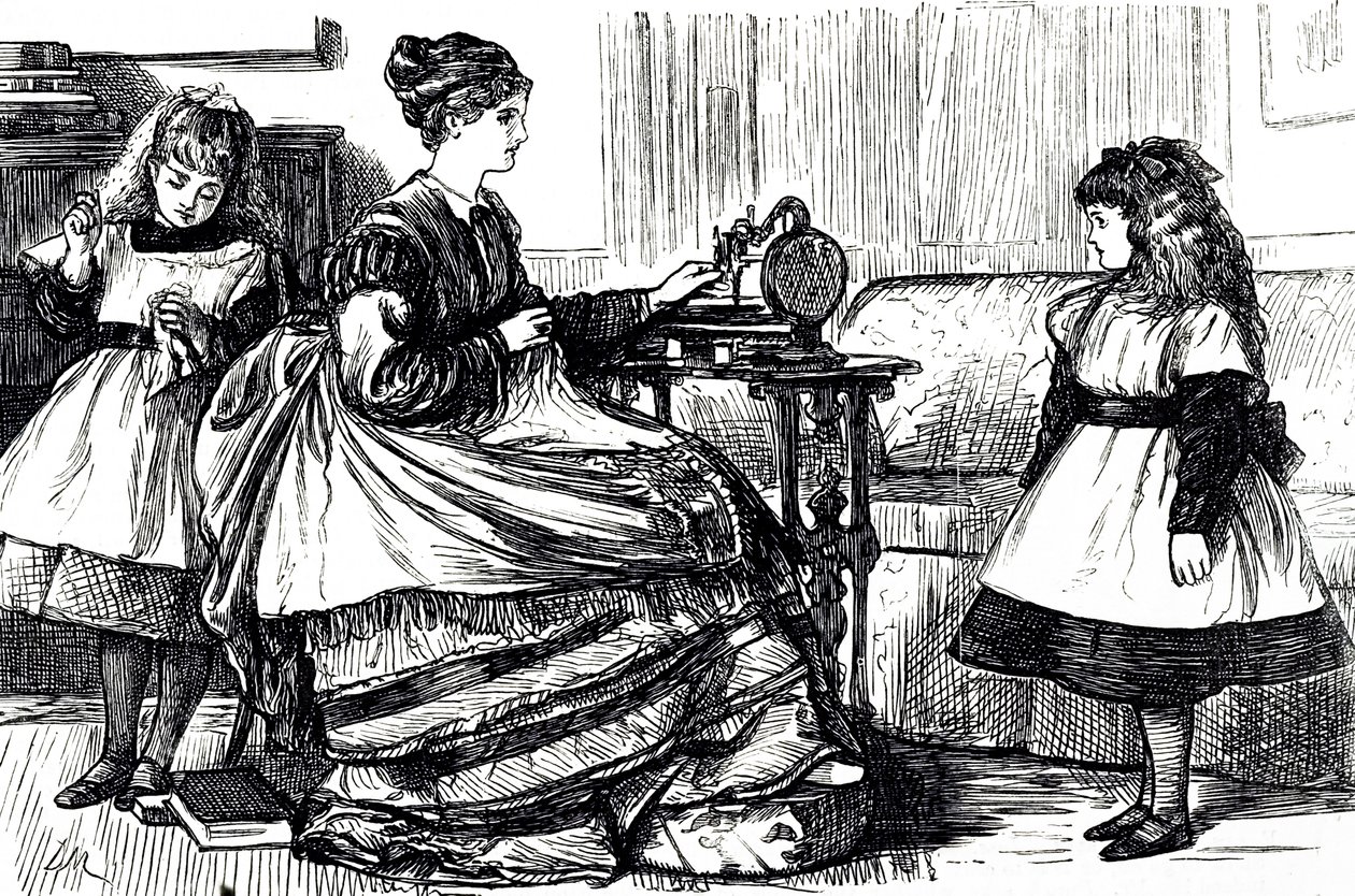 Een cartoon die een jonge moeder toont die een naaimachine gebruikt. Geïllustreerd door George du Maurier (1834-1896) een Frans-Britse cartoonist en auteur door George du Maurier