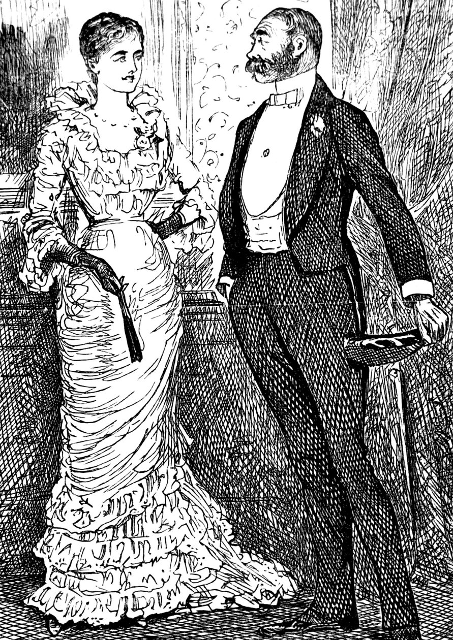 Een vrouw en heer in formele kleding door George du Maurier