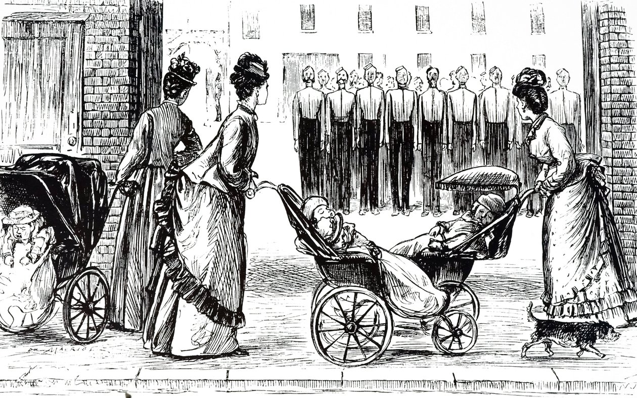 Een gravure die kindermeisjes toont die kinderen in kinderwagens duwen. Geïllustreerd door George du Maurier (1834-1896) een Frans-Britse cartoonist en auteur door George du Maurier