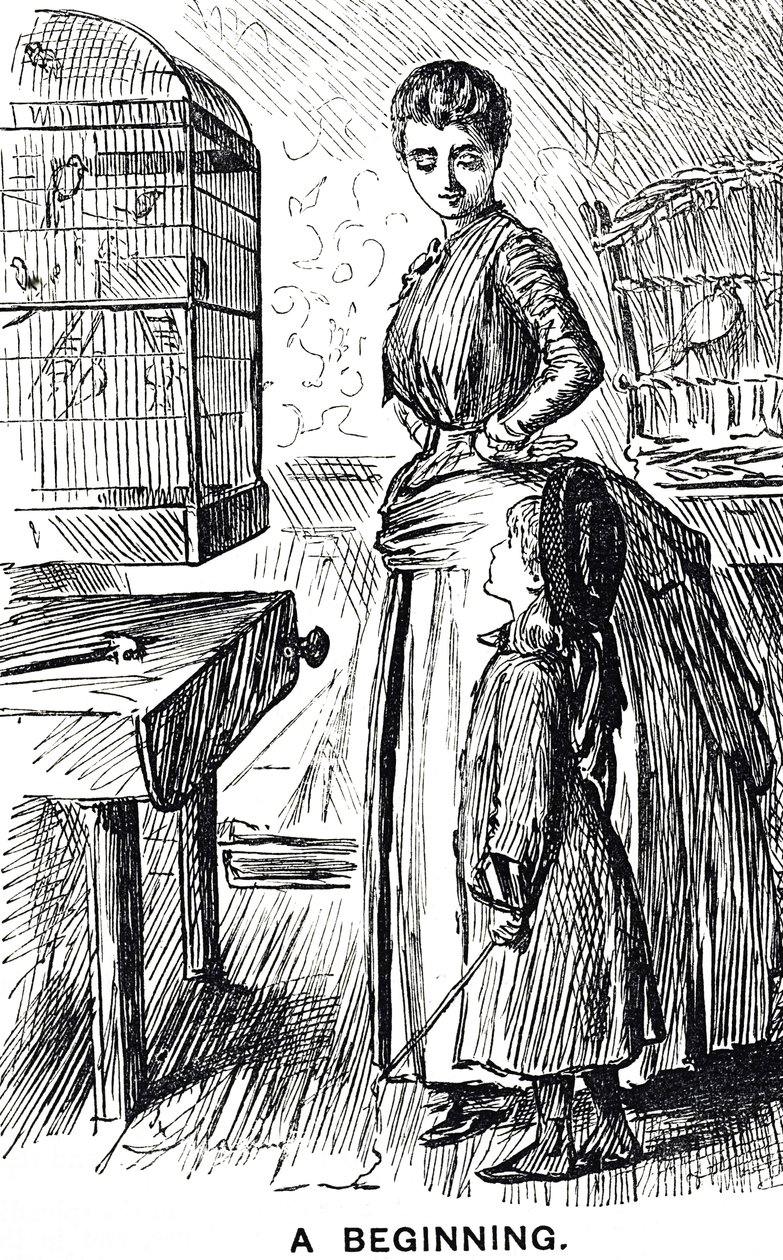 Cartoon die commentaar geeft op de populariteit van kooivogels in Groot-Brittannië door George du Maurier