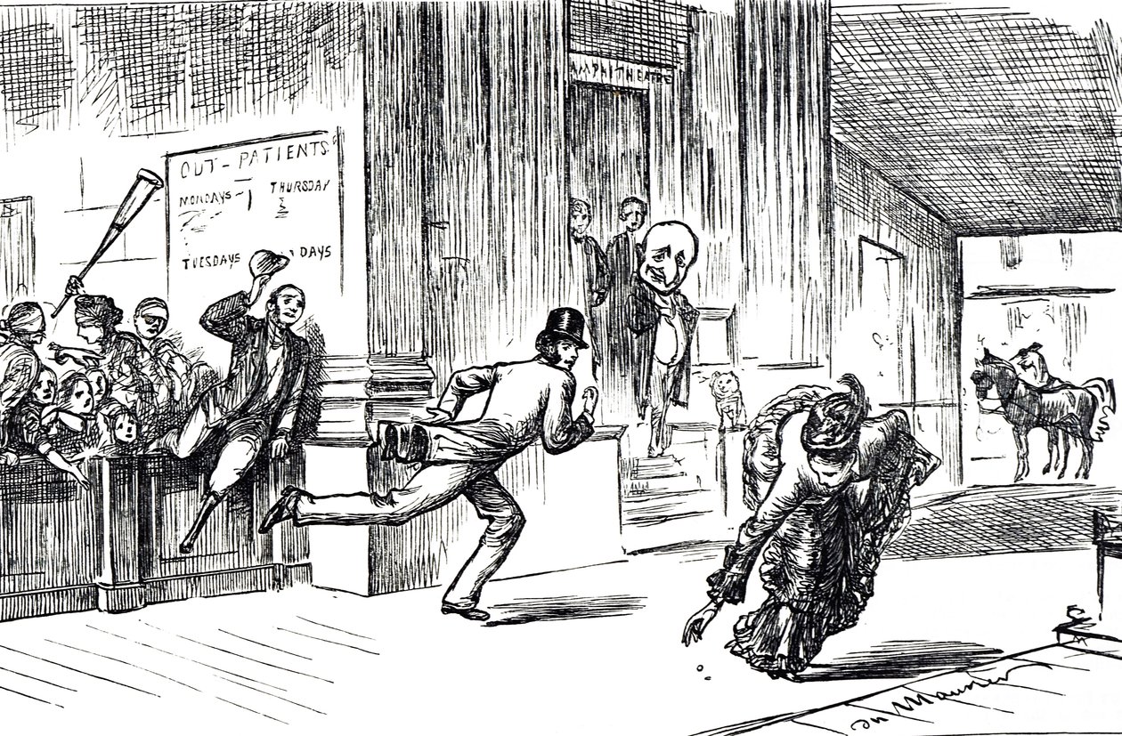 Cartoon die dokter Meilanion Jones afbeeldt, die zichzelf ingehaald ziet in de race om patiënten door de mooie dokteres Atlanta Robinson door George du Maurier