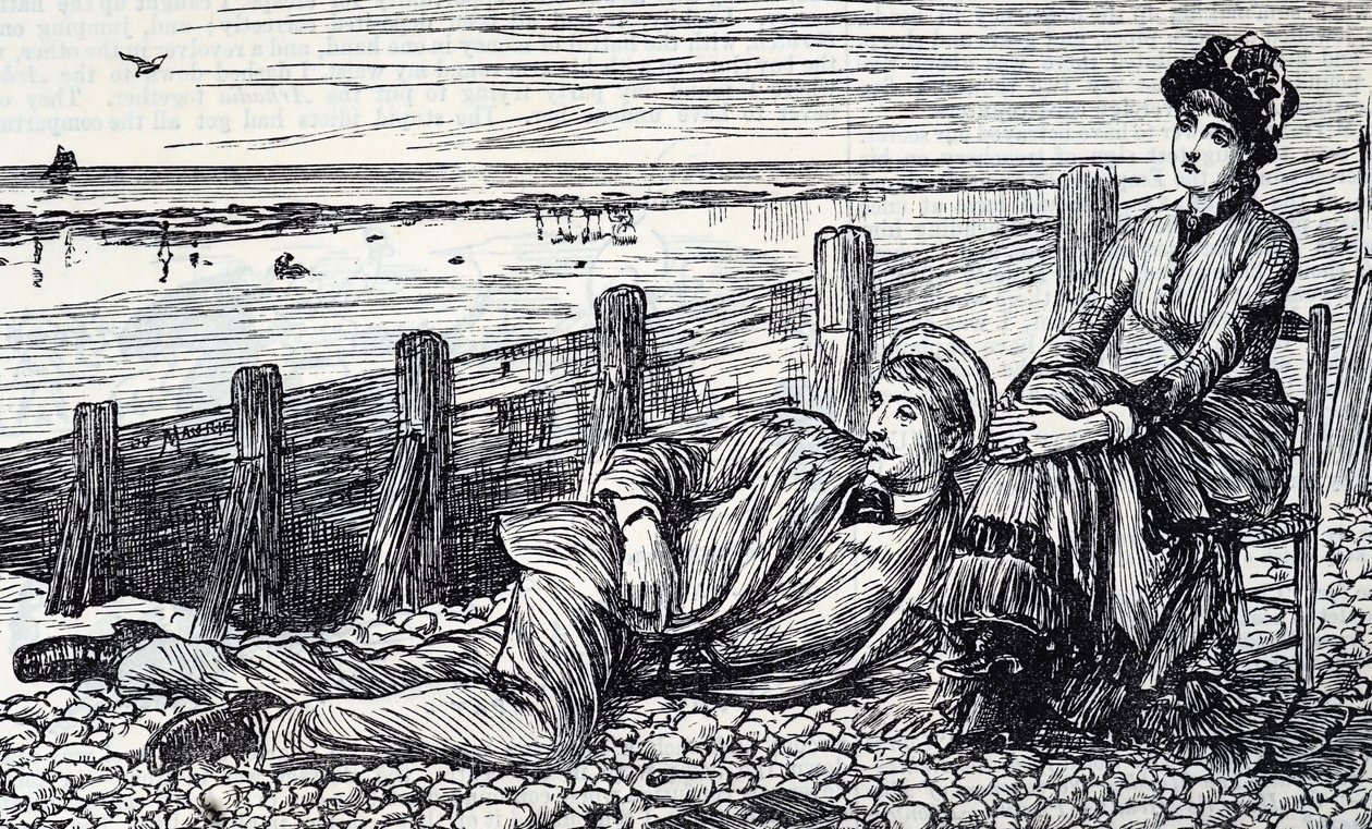Cartoon van een stel dat geniet van hun huwelijksreis op een kiezelstrand door George du Maurier