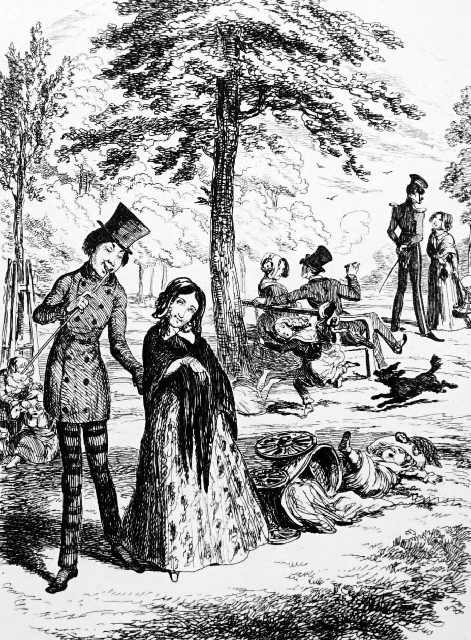 Cartoon die een huishoudelijke dienstmeid toont die met haar minnaar wandelt door George du Maurier (1834-1896) een Frans-Britse cartoonist en auteur door George du Maurier