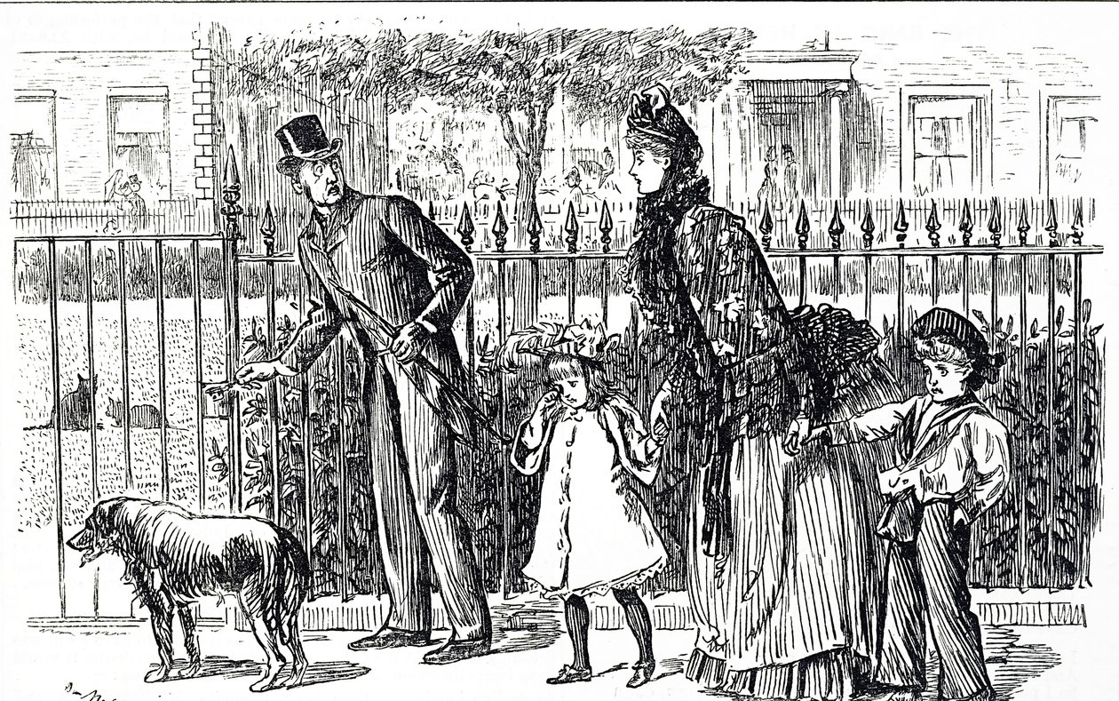 Cartoon die een gezin toont dat door de straten van het Victoriaanse Londen loopt door George du Maurier