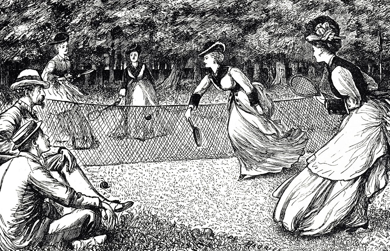 Cartoon die een spelletje lawn tennis afbeeldt door George du Maurier