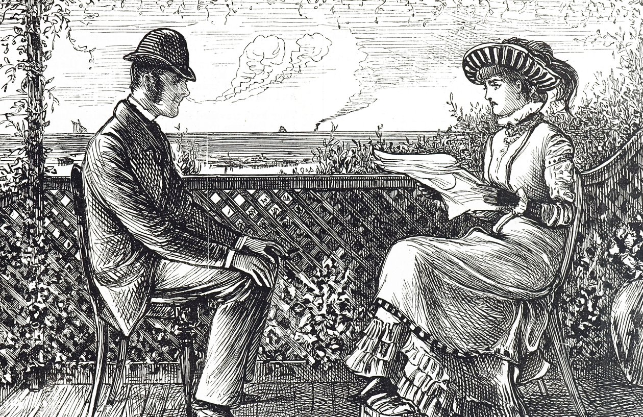Cartoon die een echtpaar toont - de man is verantwoordelijk voor de schulden van zijn vrouw tenzij hij een herroeping van zijn verantwoordelijkheden publiceerde door George du Maurier