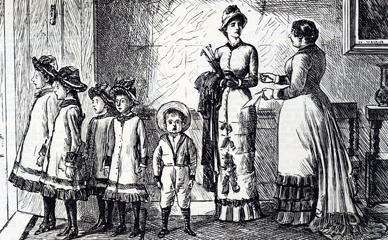Cartoon die een moeder met haar kroost toont door George du Maurier
