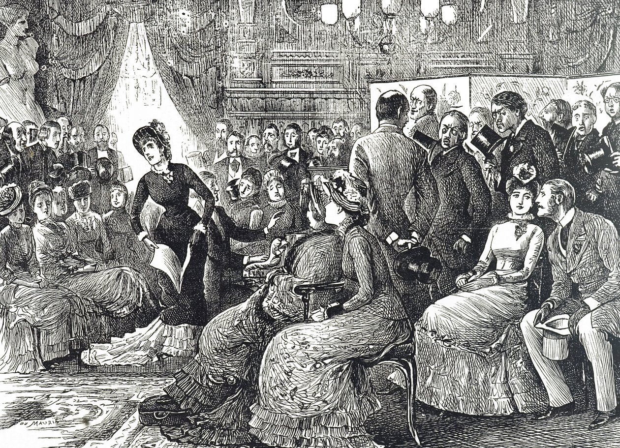 Cartoon die een typisch salonconcert toont door George du Maurier