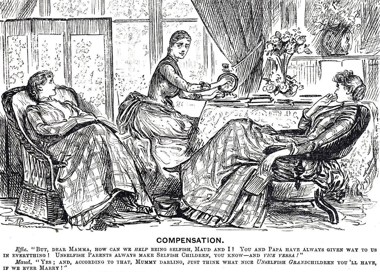 Cartoon van een vrouw die een handaangedreven naaimachine gebruikt door George du Maurier